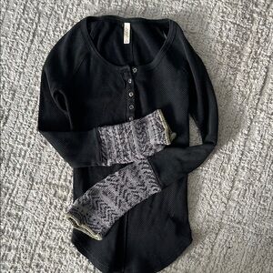 Free People Black Top with Gray Patterned Sleeves